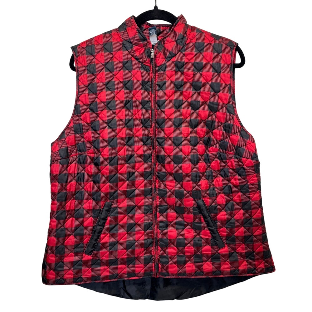 Karen Scott Womens Quilted Vest XL Red Black Buffalo Plaid Zip Up Cabinwear